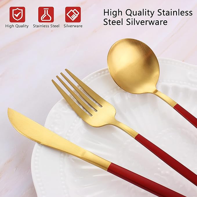 Matte Red Gold Silverware Set, 20-Piece Stainless Steel Flatware Set, Satin - Image 4