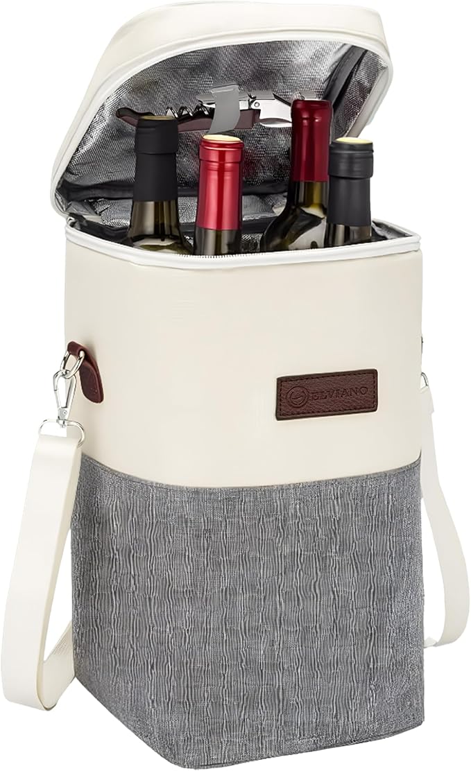 Insulated Wine Bag Cooler – Beige and Gray, Holds 4 Bottles, Wine Opener by Unknown