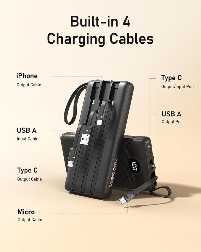 VEEKTOMX Portable Charger with Built-in Cables 10000mAh Power Bank - Image 2