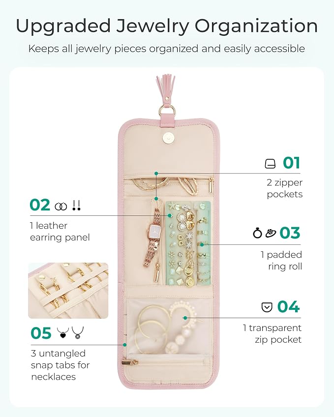 BAGSMART Travel Jewelry Case Organizer, Roll Foldable Jewelry Case - Image 3