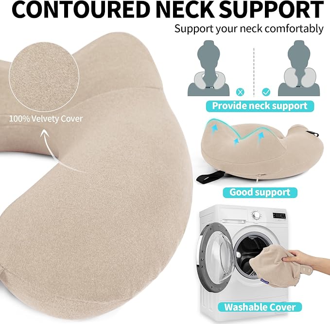 Inflatable Travel Neck Pillow for Airplane, Head Support Velvet Adult Neck - Image 3