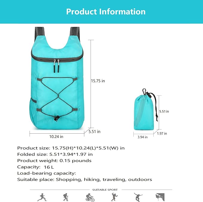 16L Hiking Daypack Lightweight Foldable Travel Backpack Water Repellent Camping - Image 9