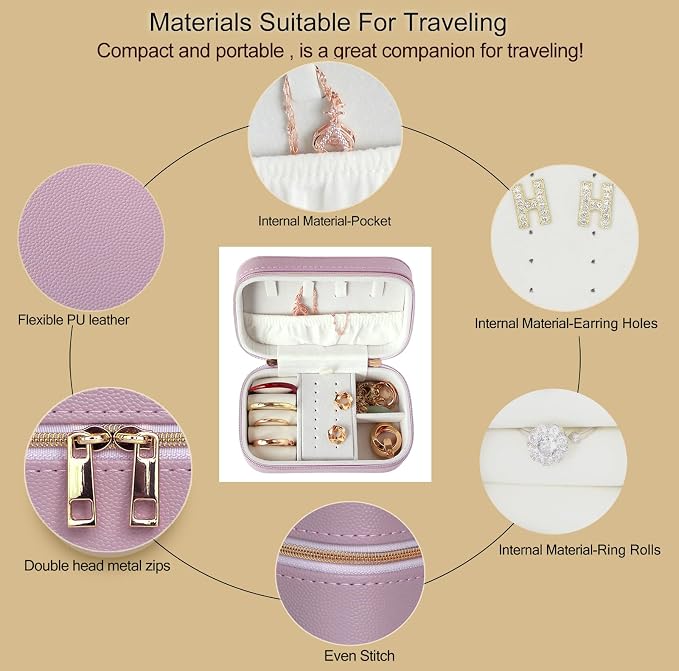 Small Jewelry Travel Case for Women Zippered Leather Small Jewelry Organizer - Image 4