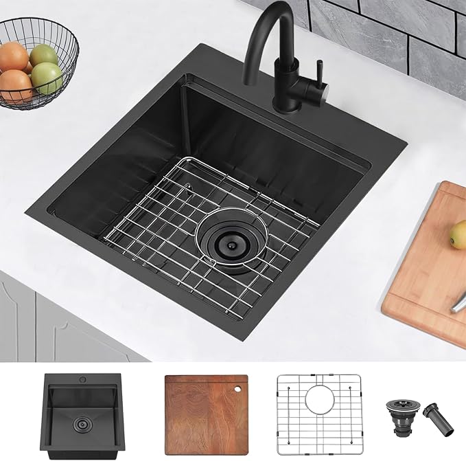 COMLLEN 17x19 Inch Black Drop in Bar Sink, 304 Stainless Steel Utility Kitchen - Image 2