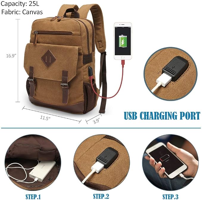 Canvas Backpack for Men Women, Vintage Rucksack Fits Most 15.6 Inch Laptop - Image 2