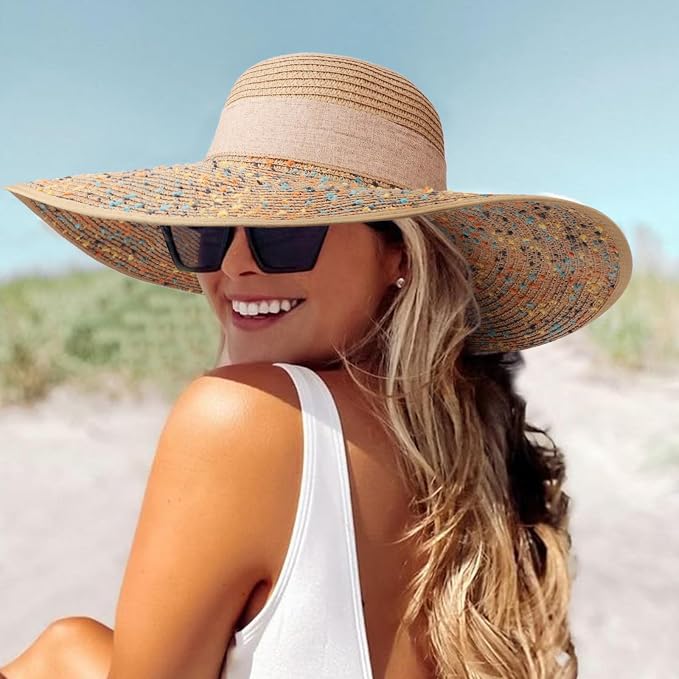 DRESHOW Beach Hats for Women Big Straw Wide Brim Summer Hat Floppy Foldable - Image 2