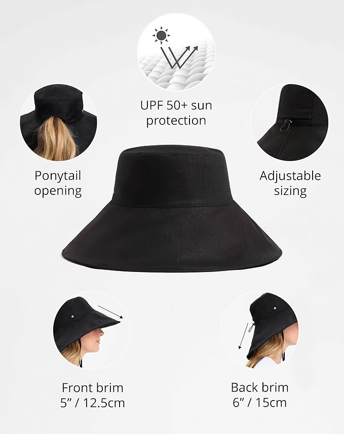 Solbari Women’s Ultra-Wide Cotton Linen Sun Hat UPF 50+, Adjustable - Image 3