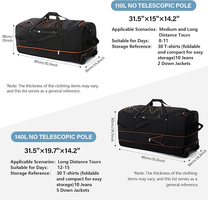 Rolling Duffle Bag with Wheels, 110L/140L Expandable Soft-Sided Foldable Duffle - Image 3