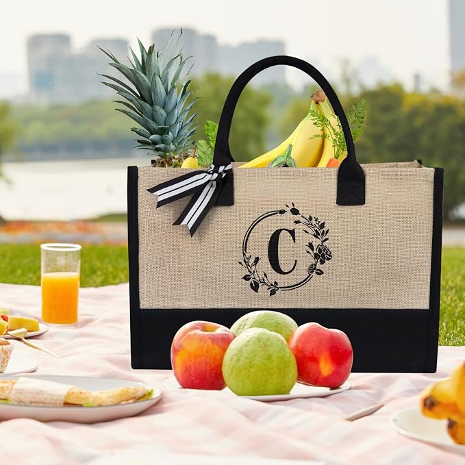 TOPDesign Personalized Initial Jute/Canvas Beach Bag, Monogrammed Gift Tote Bag - Image 3