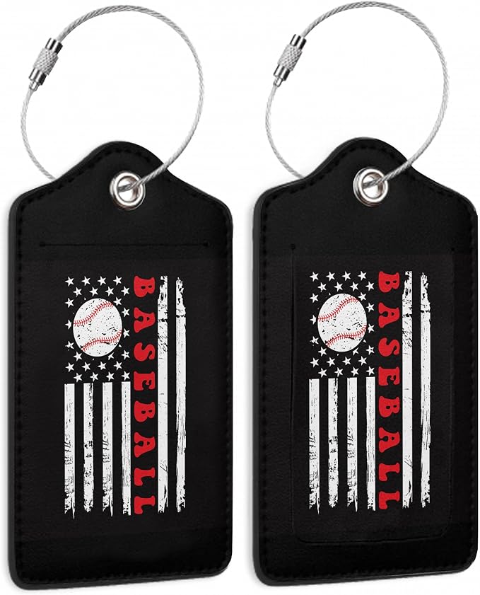 2 Pack Leather Luggage Tag for Suitcase Vintage Baseball American Flag Unique by TXIANT