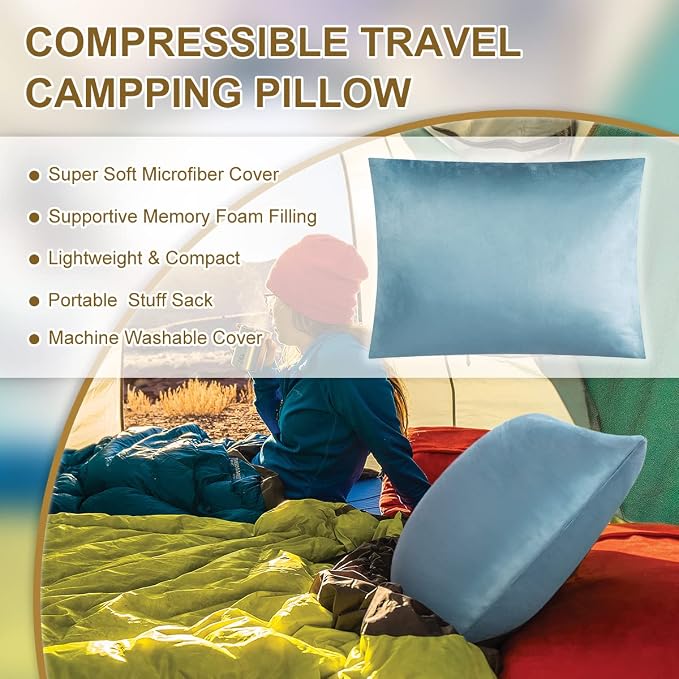 Ivellow Memory Foam Travel Pillow Compressible Camping Pillow - Image 2