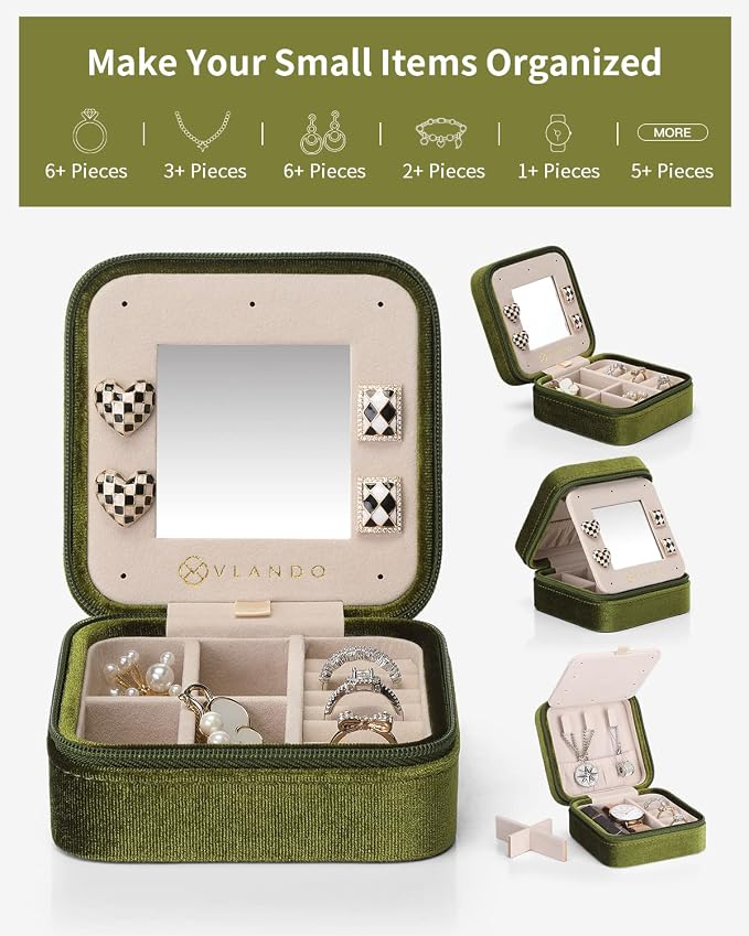 Vlando Plush Velvet Travel Jewelry Case, Personalized Initial Jewelry Boxes - Image 3