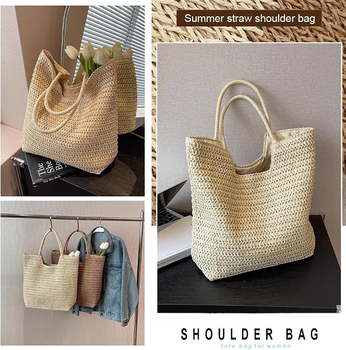 Straw Beach Bags for Women Woven Beach Tote Bag Casual Boho Large Shoulder - Image 5