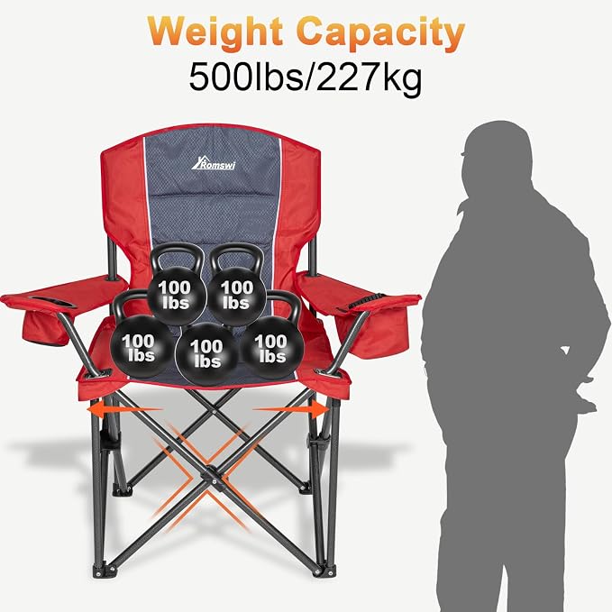 Romswi Oversized Camping Chairs, Heavy Duty Support 500 LBS, Padded Back & Arm - Image 8