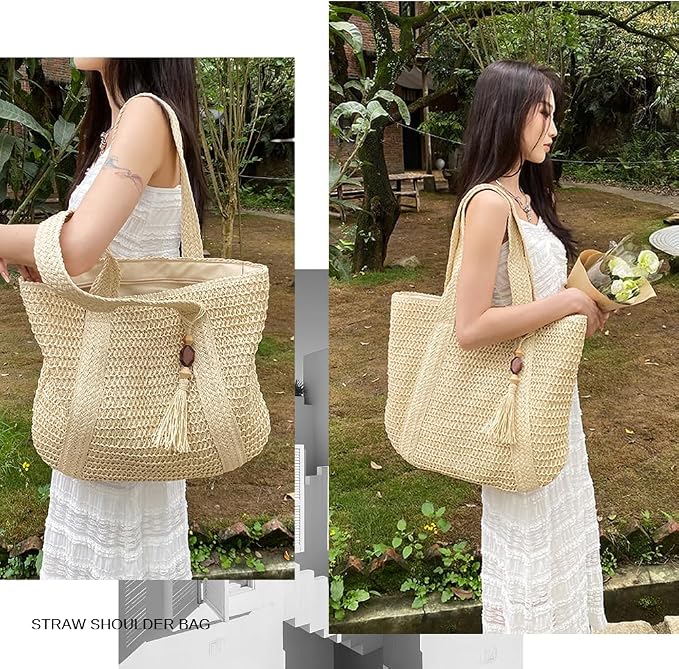 Straw Beach Bags for Women Woven Beach Tote Bag Casual Boho Large Shoulder - Image 7