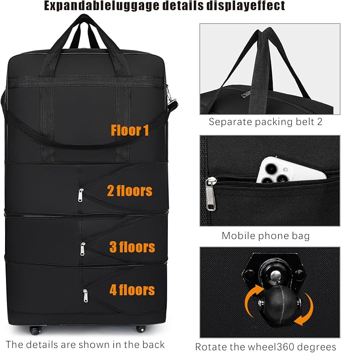 Foldable Travel Bag with Wheels, Extendable Tote Bag, Roller Expandable Luggage - Image 7