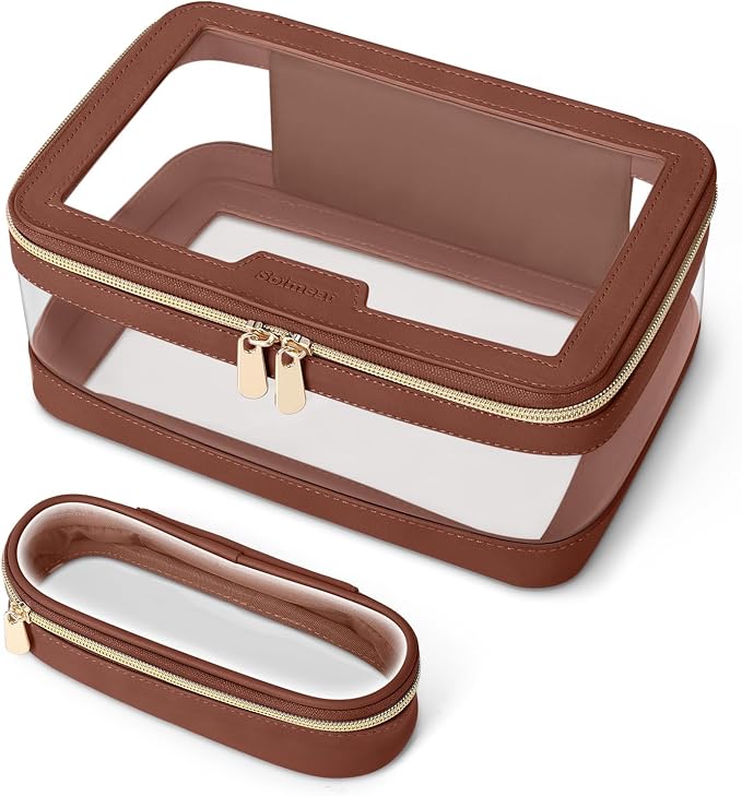 Travel Clear Makeup Bag with Makeup Brush Bag, Leather Makeup Case Toiletry Bag by Soimeat