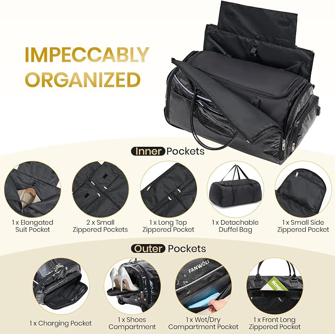 3-in-1 Rolling Garment Bags for Travel, Glitter Wheeled Carry-On Suit Luggage - Image 3