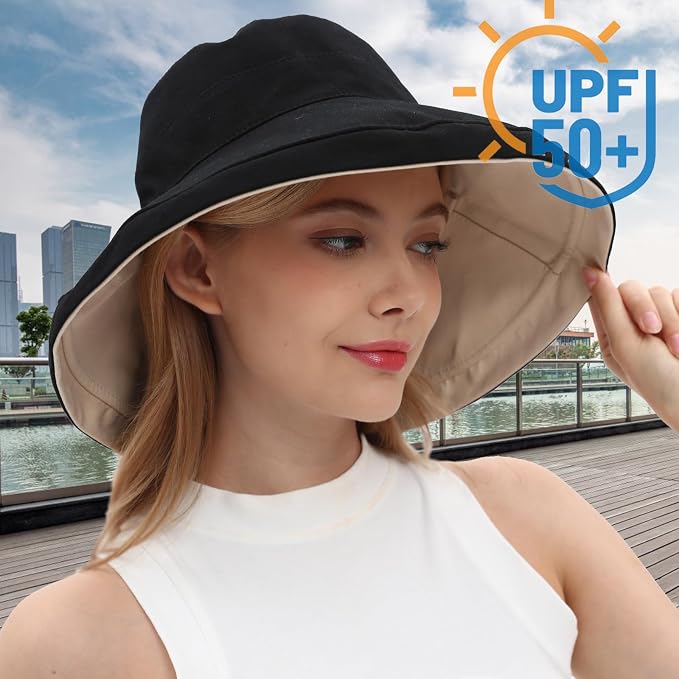 vidsel Womens Sun Hats Wide Brim Reversible Bucket Cotton Hat Packable Summer - Image 7