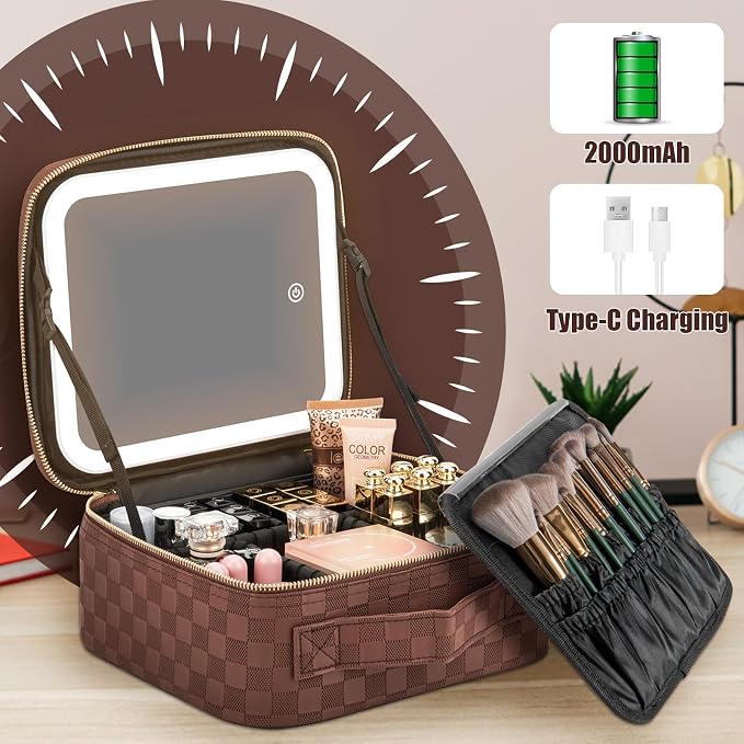 Makeup Travel Train Case with Mirror LED Light 3 Adjustable Brightness Large - Image 5