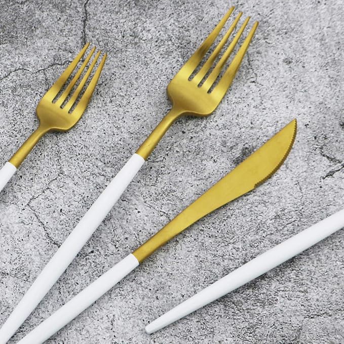 White Handle Matte Gold Silverware Set, Gugrida 5-Piece 18/10 Stainless Steel - Image 6