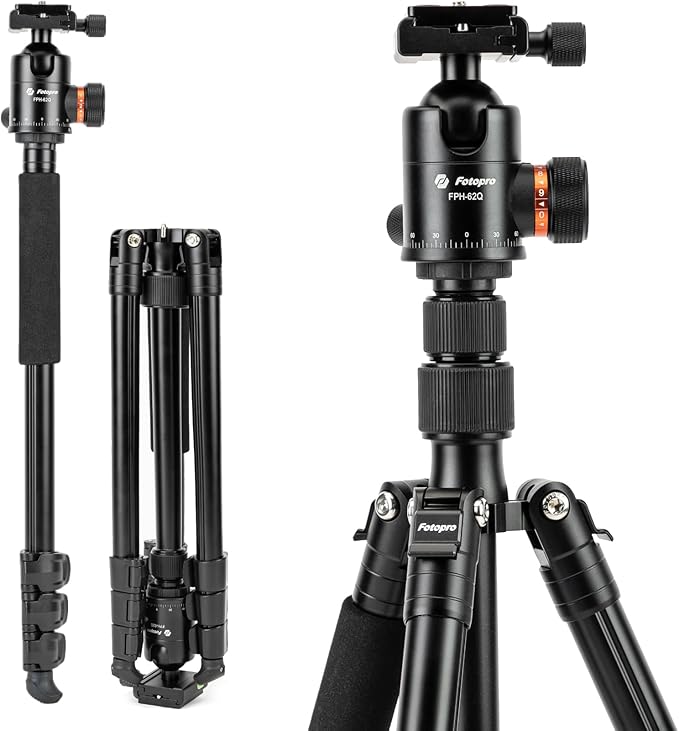 Fotopro 66" Camera Tripod, Aluminum Compact Travel Tripod and Monopod by Fotopro