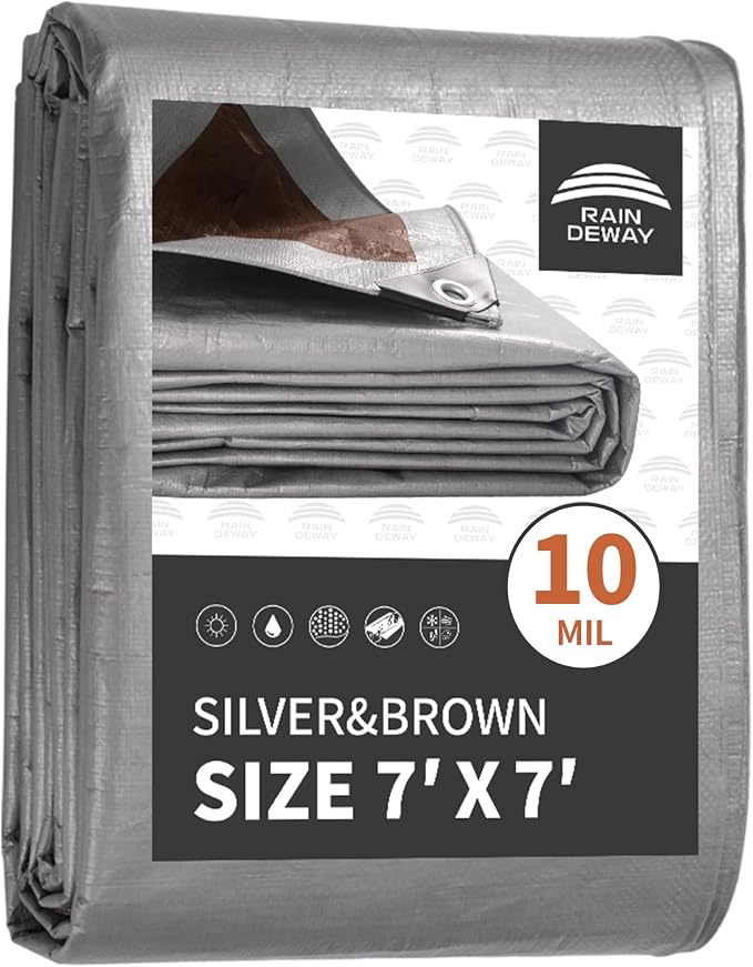 RAINDEWAY Tarps Heavy Duty Waterproof 7x7 Feet, 10Mil Multipurpose Poly Tarp by RAINDEWAY
