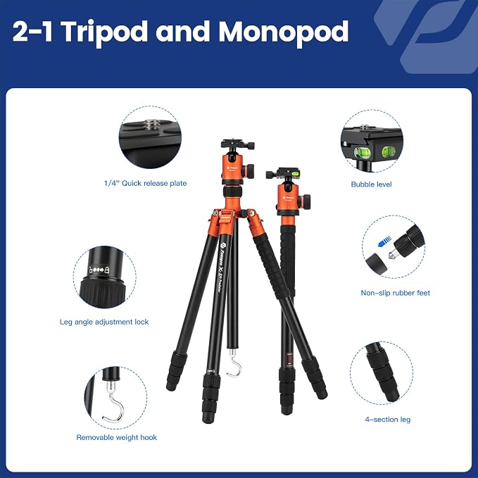 Fotopro 68" Camera Tripod for DSLR, Heavy Duty Compact Travel Tripod - Image 4