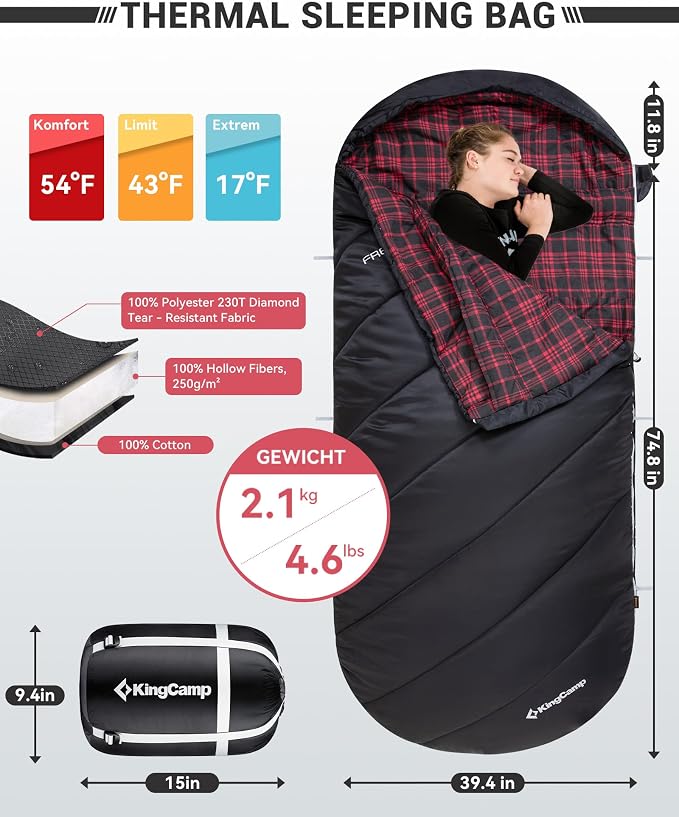 KingCamp Sleeping Bag for Adults, Cold Weather & Warm Extra Wide Big & Tall XL - Image 3