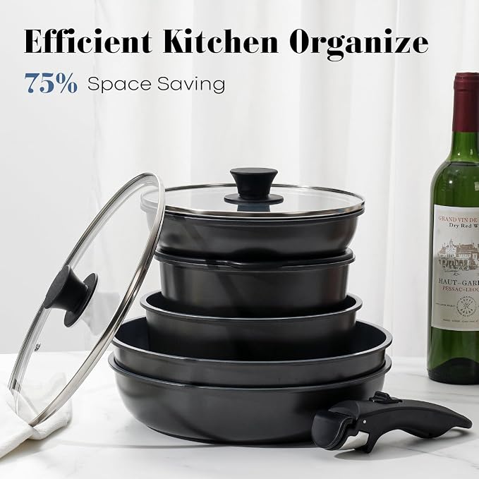 15 Pcs Pots and Pans Set Non Stick, Detachable Handle Ceramic Cookware Sets - Image 4
