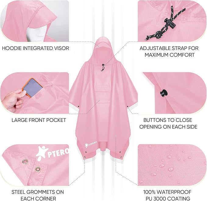 PTEROMY Hooded Rain Poncho for Adult - Image 3