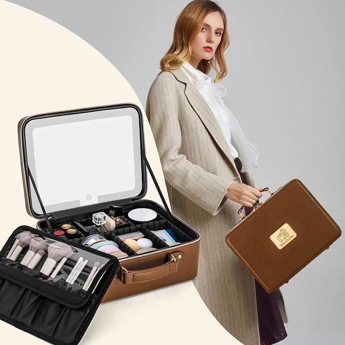 Makeup Bag with LED Mirror & Magnifier, Large Cosmetic Organizer Travel Makeup - Image 2