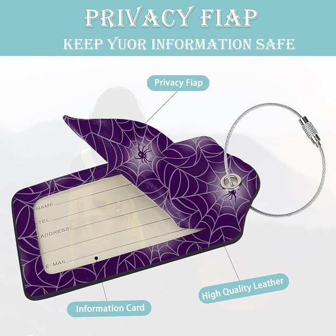 Halloween Luggage Tags Set of 2 Purple Spider Web Leather Suitcase Tags - Image 2