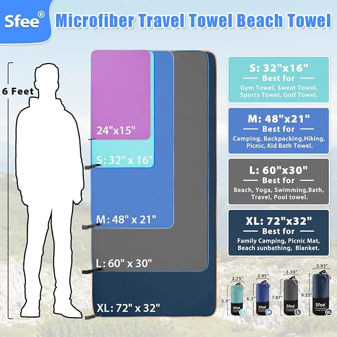 Sfee 2 Pack Microfiber Travel Towel, Quick Dry Towel Camping Beach Towel Super - Image 3