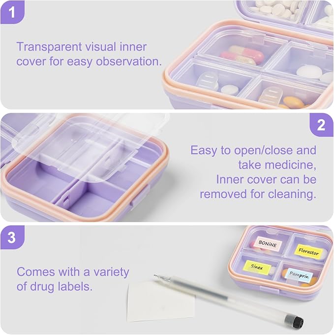 Travel Pill Organizer Box with Labels, 7 Compartments Portable Mini Pill Case - Image 4