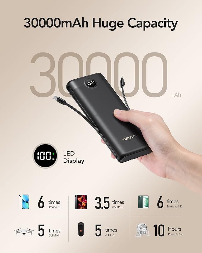 VEEKTOMX Portable Charger with Built-in Cables 30000mAh Power Bank - Image 5