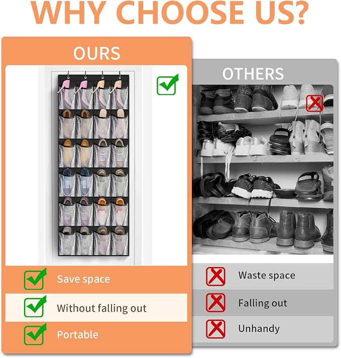 FENTEC 24 Pocket Over Door Shoe Organizer, Mesh Closet Shoe Holder - Image 2