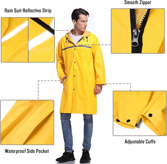 Mens Long Hooded Safety Rain Jacket Waterproof Emergency Raincoat Poncho - Image 3