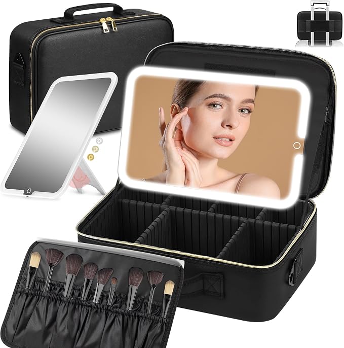 Large Travel Makeup Bag with LED Mirror, 3-Color Stepless Dimming Stand Mirror by saiggnyyVANITYMIRROR