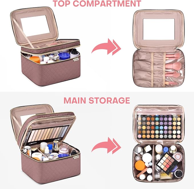 Large Makeup Bag with Mirror Double Layer Travel Make Up Organizer Case - Image 2