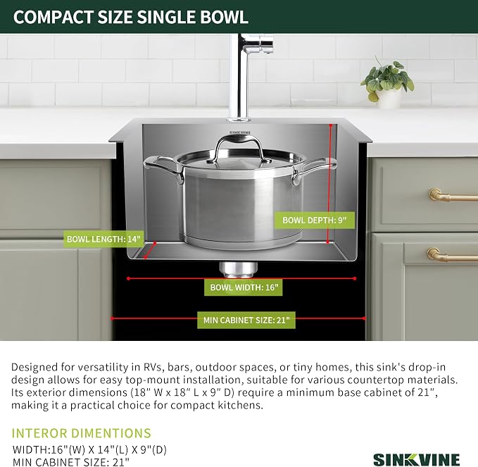 18-Inch Bar Sink Drop-In, SINKVINE Stainless Steel Kitchen Sink - Image 4