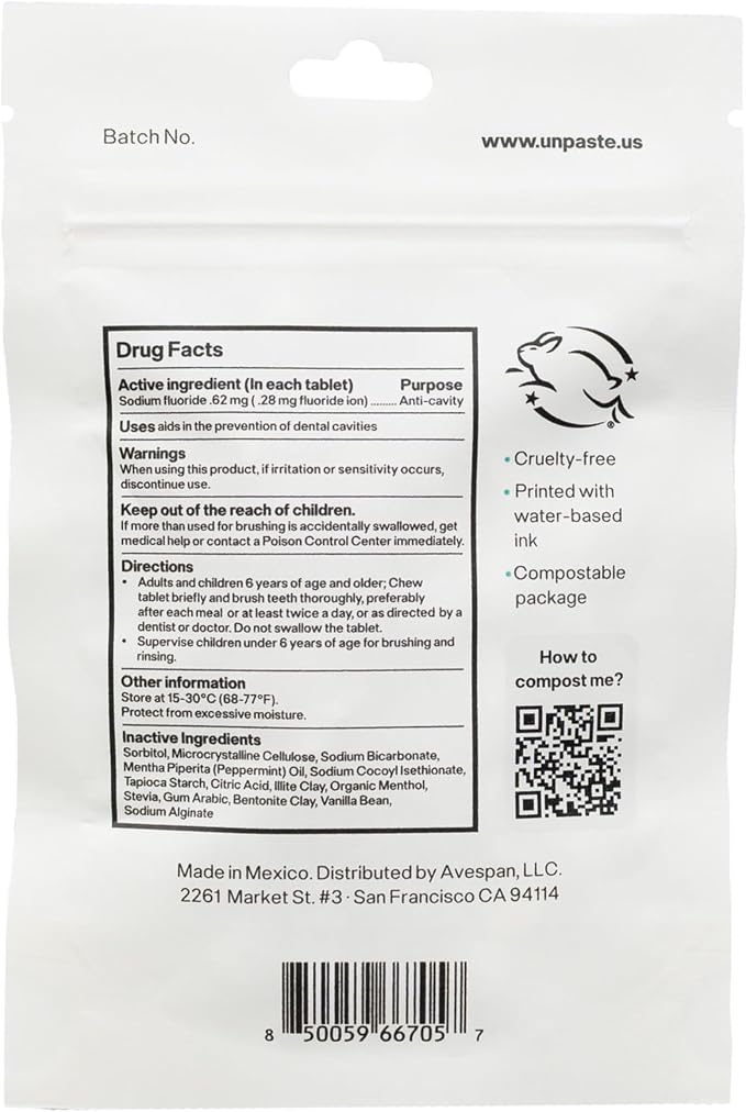 Unpaste Toothpaste Tablets, New Formula, Fluoride Mint, Xylitol Free, Plastic - Image 2