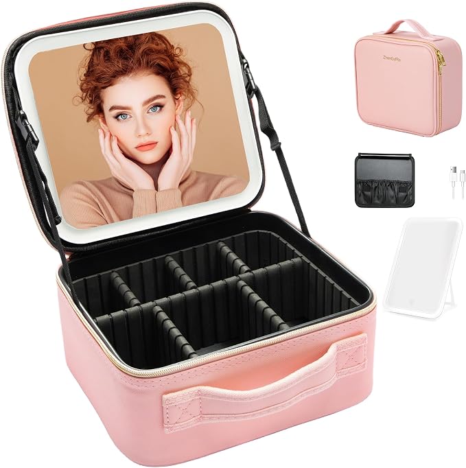 Travel Makeup Bag with LED Mirror – Waterproof Cosmetic Train Case with by ZhenGuiRu
