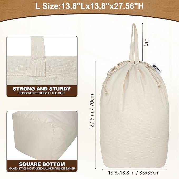Canvas Laundry Bags with Handles & Square Base 13.8"x 13.8", Large Heavy Duty - Image 4
