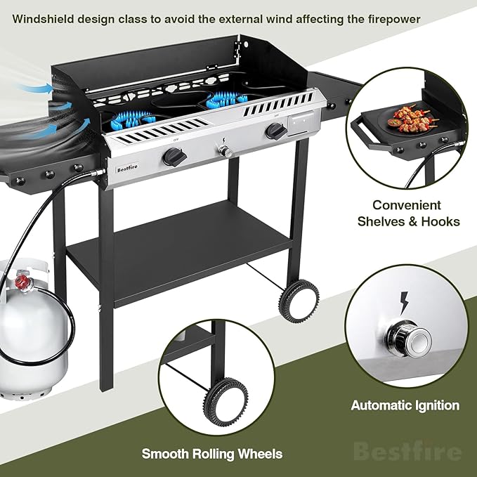 Bestfire 2 Burner Propane Stove Outdoor Camping Gas Stoves 150, 000 BTU Auto - Image 4