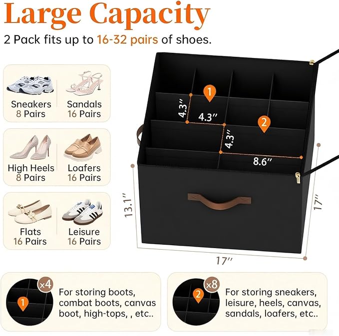 Shoe Organizer for Closet, Foldable Shoe Storage Containers, Fits up to 16 Pairs - Image 2