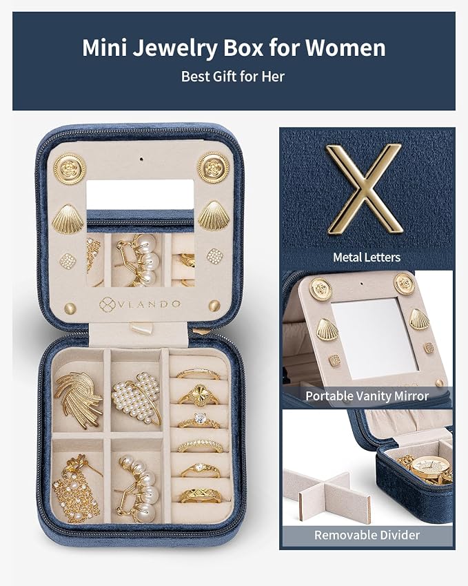 Vlando Travel Jewelry Case for Women Girls, X Initial Jewelry Box, Small - Image 3
