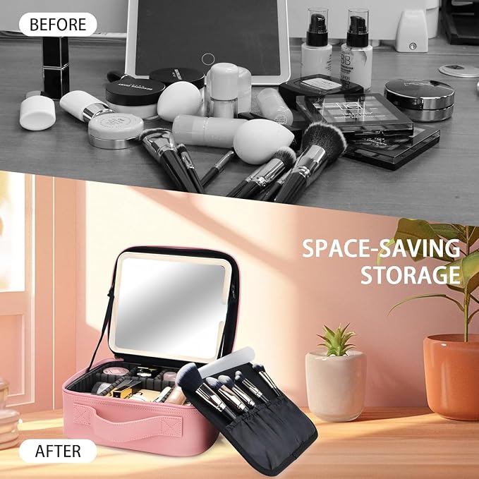 Makeup Bag with Led Mirror, Travel Makeup Organizer with 3 Color Setting & - Image 7