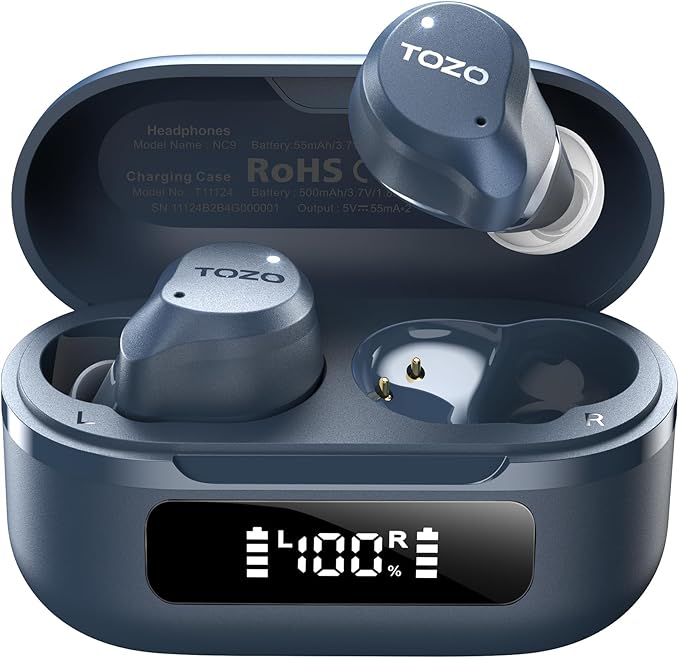 TOZO NC9 Hybrid Active Noise Cancelling Wireless Earbuds, 6 Mics ENC Clear Call by TOZO