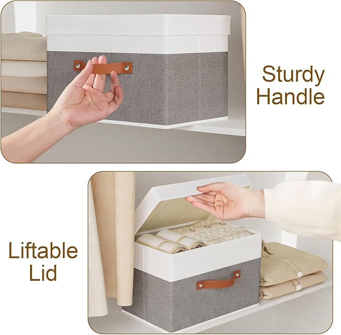 Fabric Storage Bins with Lids, 3 Pack Linen Foldable Cloth Baskets, 15 x 9.8 x - Image 5